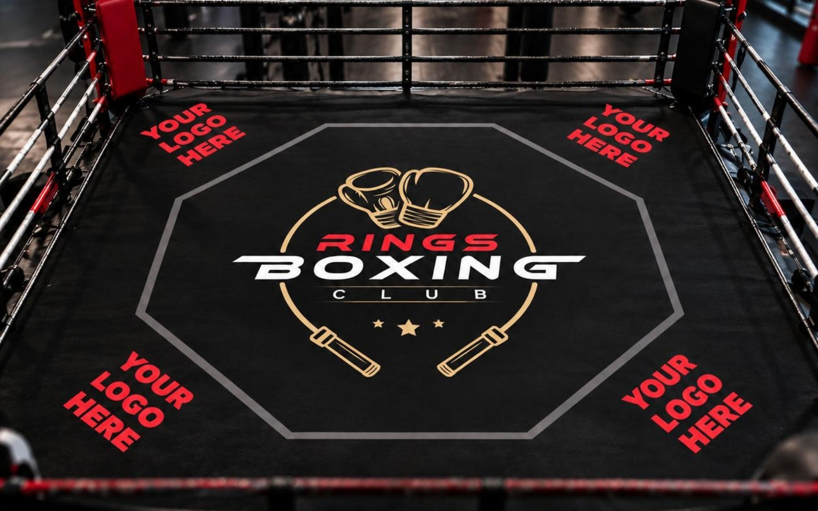Rings Boxing ring sponsorship concept showing four business logo positions on the new ring canvas